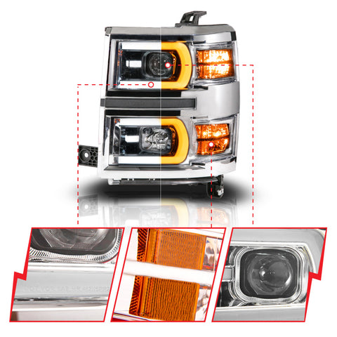 Anzo 14-15 Chevy Silverado 1500 Chrome Dual Switchback+Sequential LED Tube Sq. Projector Headlights - 111618