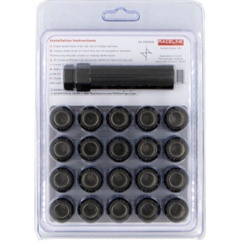 Raceline Spline Lug Nut Kit with Spline Key 12 x 1.5 - 20 Pack - Black - RLUG-CS25B