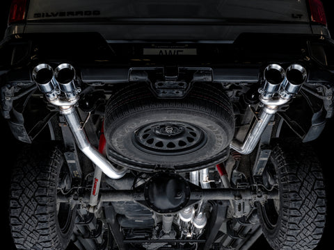 AWE Tuning 4th Gen GM 1500 6.2L 0FG Cat-Back Split Rear Exit (w/ Bumper Cutouts) - Quad Chrome Tips - 3015-42203