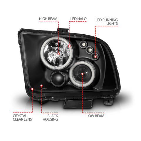 ANZO 2005-2009 Ford Mustang Projector Headlights w/ Halo Black - 121166