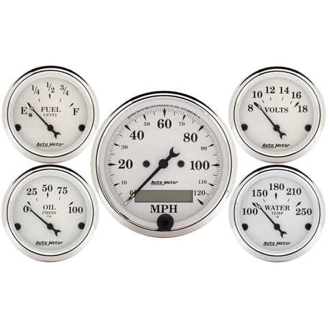 Autometer Old Tyme White 5 Piece Kit (Elec Speed/Elec Oil Press/Water Temp/Volt/Fuel Level) In-Dash - 1602