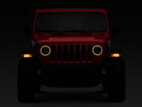 Raxiom 18-22 Jeep Wrangler JL/JT Axial 9-Inch LED Headlights w/RGB Halo- Black Housing (Clear Lens) - J142668