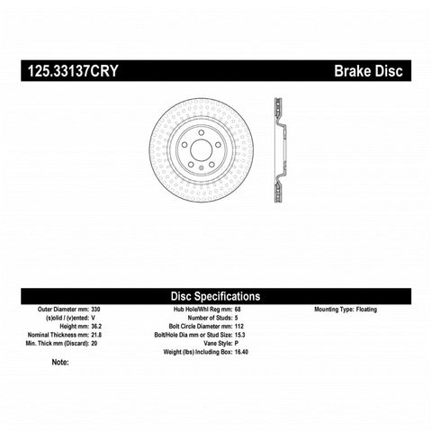 Stoptech 10-19 Audi S4 Premium Rear CryoStop Brake Rotor - 125.33137CRY