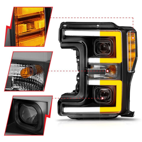 ANZO 17-19 Ford F-250/350/450 SD (w/o Factory LED) LED Proj Headlights w/Light Bar Switchback Blk - 111577