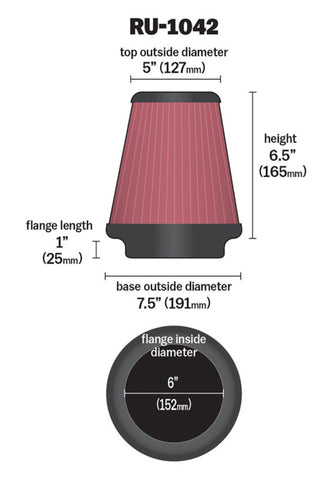 K&N Universal Clamp-On Air Filter 6in FLG / 7-1/2in B / 5in T / 6-1/2in H - RU-1042