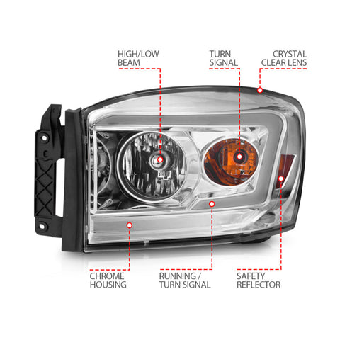 ANZO 06-09 Dodge RAM 1500/2500/3500 Headlights Chrome Housing/Clear Lens (w/ Light Bars) - 111525