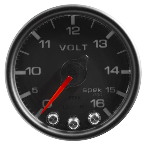 Autometer Spek-Pro Gauge Voltmeter 2 1/16in 16V Stepper Motor W/Peak & Warn Blk/Blk - P34432