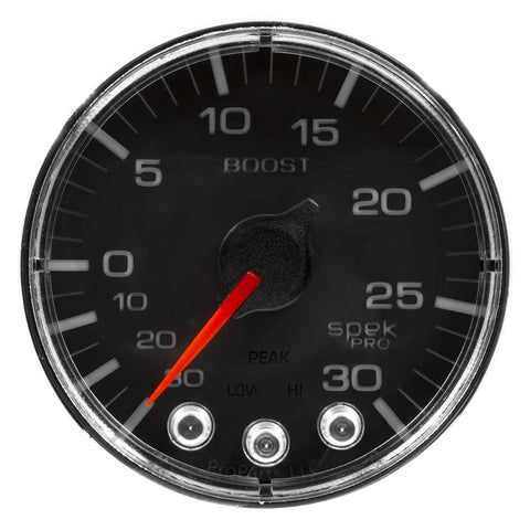 Autometer Spek-Pro Gauge Vac/Boost 2 1/16in 30Inhg-30psi Stepper Motor W/Peak & Warn Black/Chrome - P302318