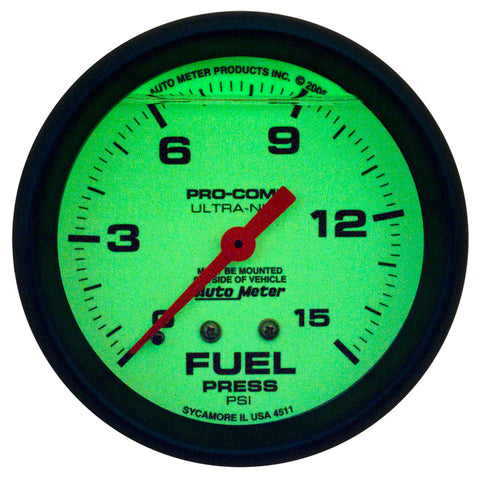 Autometer Ultra-Nite 2-5/8in 15psi Mechanical Glow In The Dark Fuel Pressure Gauge - 4211