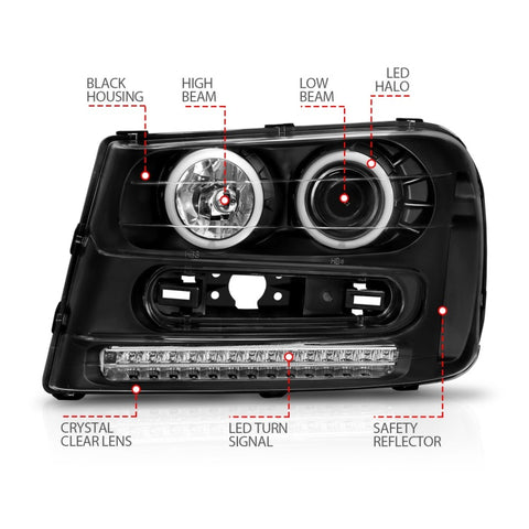 ANZO 2002-2009 Chevrolet Trailblazer Projector Headlights w/ Halo Black - 111127