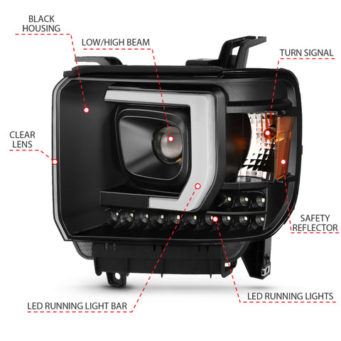 ANZO 2014-2015 GMC Sierra 1500HD Projector Plank Style Headlight Black W/ DRL - 111450