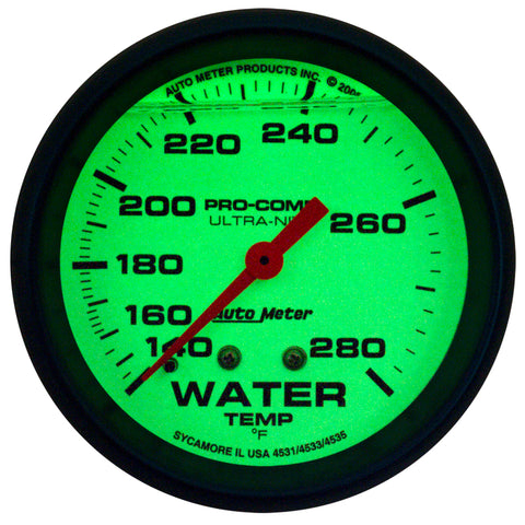 AutoMeter Gauge Wtemp 2-5/8in. 140-280 Deg. F Liq Filld Mech 4ft. Glow In Dark Ultra-Nite - 4235