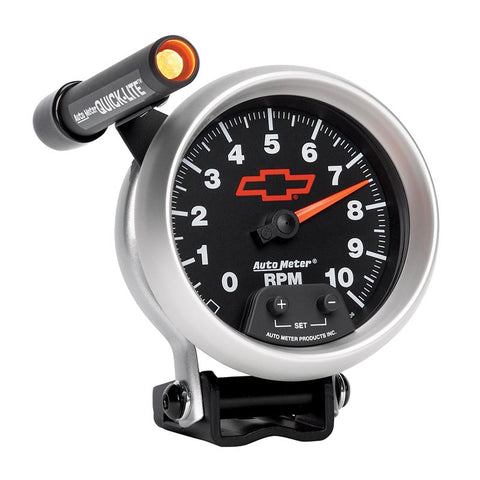 Autometer GM Red Bowtie Black 3-3/4in 0-10000 RPM Pedestal Mount Tachometer Quick-Lite - 3690-00406