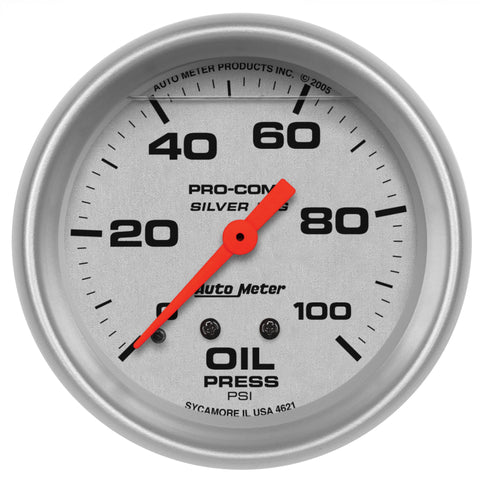 Autometer Ultra-Lite 2.625in Liquid Filled Mechanical 100 PSI Silver Oil Pressure Gauge - 4621
