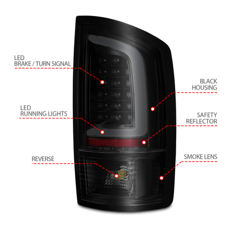 ANZO 2002-2006 Dodge  Ram 1500 LED Tail Lights w/ Light Bar Black Housing Smoke Lens - 311369