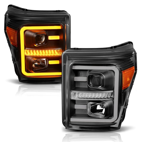 ANZO 2011-2016 Ford F250 Projector Headlights w/ Plank Style Switchback Black w/ Amber - 111406