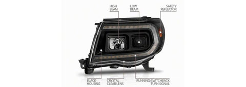 Raxiom 05-11 Toyota Tacoma Axial Series Switchback Projector Headlights- Black Housing- Clear Lens - TT23361