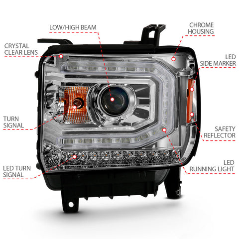 ANZO 2016-2019 Gmc Sierra 1500 Projector Headlight Plank Style Chrome w/ Sequential Amber Signal - 111486