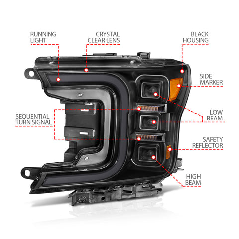 Anzo 18-20 Ford F-150 Full Led Projector Smoke Bar Style Headlights Black Amber - 111520