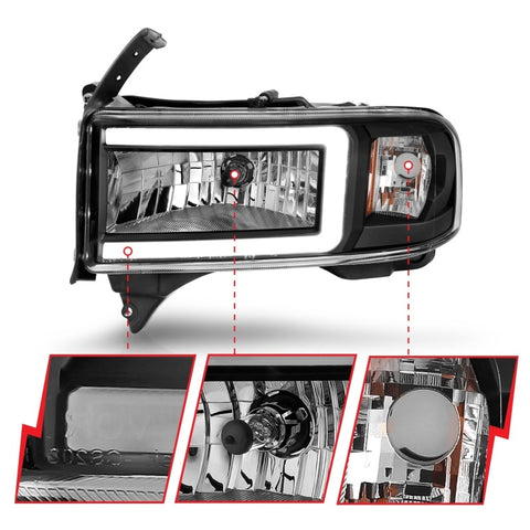 ANZO 94-02 Dodge RAM Crystal Headlight - w/ Light Bar Black Housing - 111554