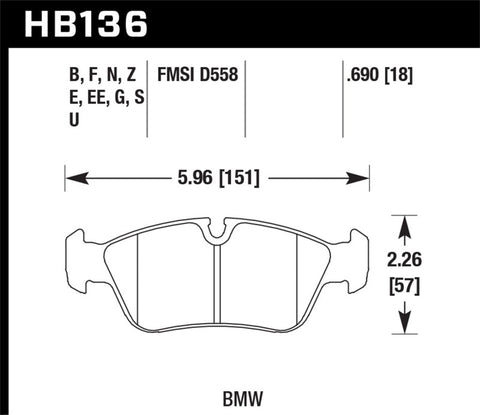 Hawk BMW 318i/318iC/318iS/318Ti/325Ci/325i/325iS/325Xi/328Ci/328iC/328iS/Z3 Race DTC-60 Frt Brk Pads - HB136G.690