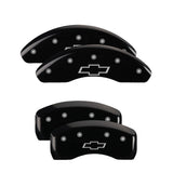 MGP 4 Caliper Covers Engraved Front & Rear Bowtie Black Finish Silver Char 2019 Chevrolet Bolt EV - 14246SBOWBK