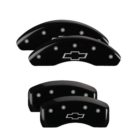 MGP 4 Caliper Covers Engraved Front & Rear Bowtie Black Finish Silver Char 2019 Chevrolet Bolt EV - 14246SBOWBK