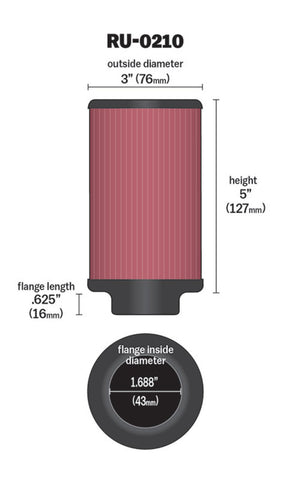 K&N Filter Universal Rubber Filter 1-11/16in FLG / 3in OD / 5in Height - RU-0210