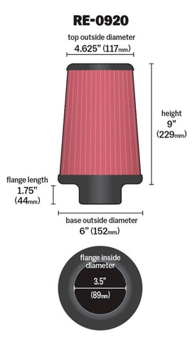 K&N Universal Rubber Filter 3 1/2inch ID FLG / 6inch Base / 4-5/8inch Top / 9inch Height - RE-0920