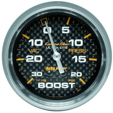 Autometer Carbon Fiber II 66.7mm Mechanical Vacuum / Boost Gauge 30 In. HG/20 PSI - 4801