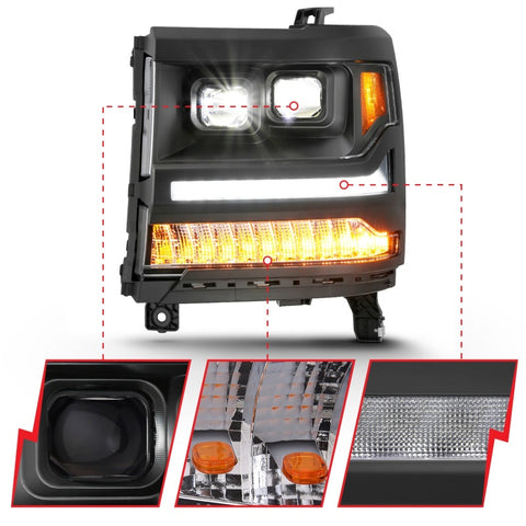 ANZO 16-18 Chevrolet Silverado 1500 LED Projector Headlights w/Plank Style Switchback Black w/ Amber - 111420