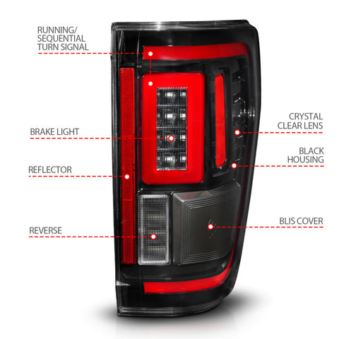 ANZO 21-23 Ford F-150 LED Taillights Seq. Signal w/BLIS Cover - Black (For Factory Halogen ONLY) - 311475