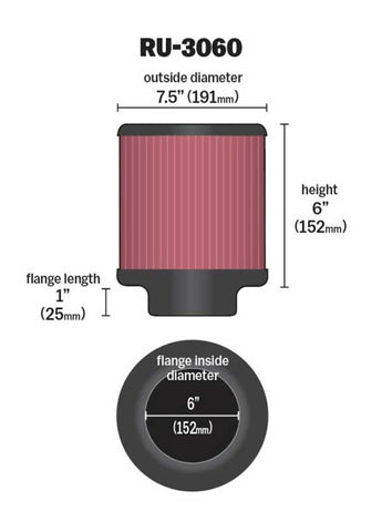 K&N Universal Rubber Filter 6in Flange ID / 7.5in OD / 6in Height / Round Straight - RU-3060