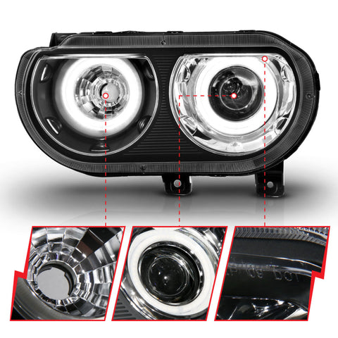 ANZO 2008-2014 Dodge Challenger Projector Headlights w/ Halo Black (CCFL) - 121308