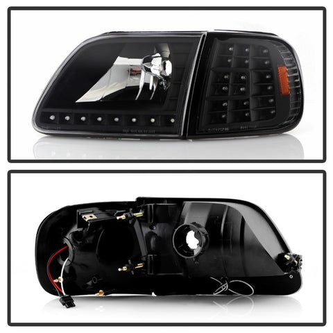 xTune Ford F150 97-03 Crystal Headlights w/ Clear LED Corners Black HD-ON-FF15097-LED-SET-BK - 5014184