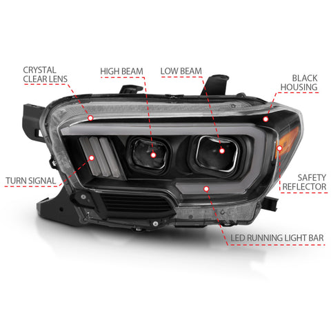 ANZO 2016-2017 Toyota Tacoma Projector Headlights w/ Plank Style Design Black/Amber w/ DRL - 111379