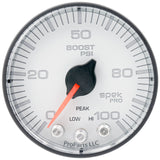 Autometer Spek-Pro 2 1/16in 100PSI Stepper Motor W/Peak & Warn White/Black Boost Gauge - P305128