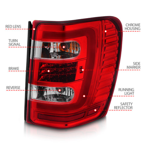 ANZO 1999-2004 Jeep Grand Cherokee LED Tail Lights w/ Light Bar Chrome Housing Red/Clear Lens - 311396
