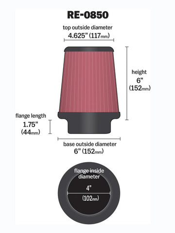 K&N Universal Air Filter (4in. Flange / 6in. Base OD / 4-5/8in. Top OD / 6in. Height) - RE-0850