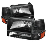xTune Ford F150/Bronco 92-96 Headlights w/Corner Bumper 6pcs Amber- Black HD-JH-FB92-SET-AM-BK - 5073136