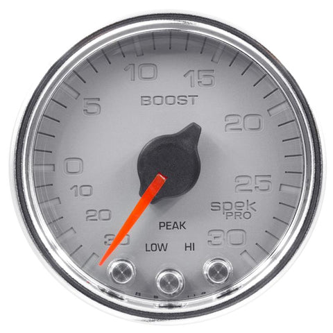 Autometer Spek-Pro Gauge Vac/Boost 2 1/16in 30Inhg-30psi Stepper Motor W/Peak & WarnSilver/Chrome - P30221