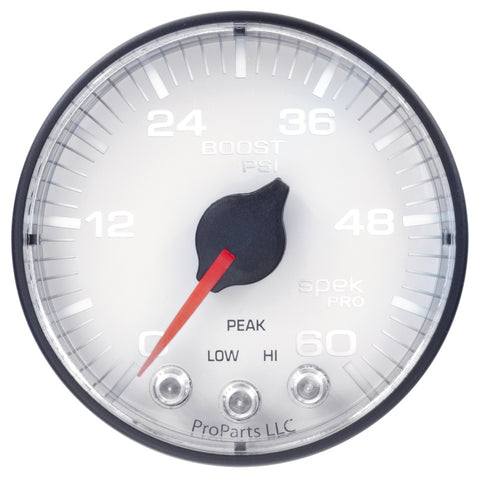 Autometer Spek-Pro Gauge Boost 2 1/16in 60psi Stepper Motor W/Peak & Warn Wht/Blk - P304128