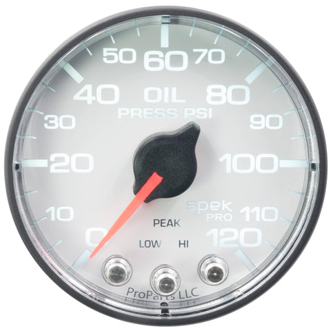 Autometer Spek-Pro Gauge Oil Press 2 1/16in 120psi Stepper Motor W/Peak & Warn Wht/Blk - P325128