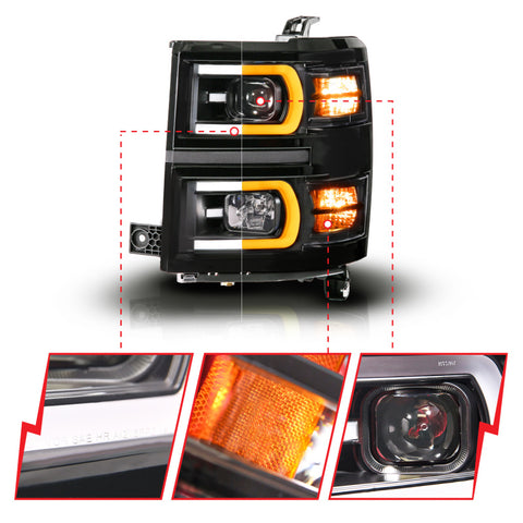 Anzo 14-15 Chevy Silverado 1500 Black Dual Switchback+Sequential LED Tube Sq. Projector Headlights - 111617