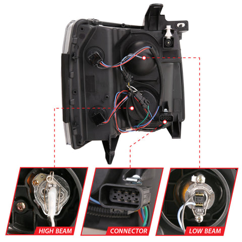 ANZO 07-13 Chevrolet Silverado 1500/2500/3500 Proj Headlights w/ Plank Style Switchback Chrome w/Amb - 111411