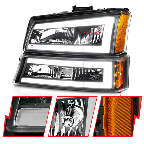 ANZO 2003-2006 Chevrolet Silverado 1500 Crystal Headlights w/ Light Bar Black Housing - 111501