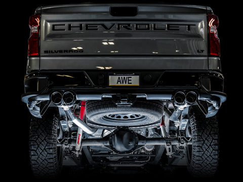 AWE Tuning 4th Gen GM 1500 6.2L 0FG Catback Split Rear Exit (w/ Bumper Cutouts) - Quad Chrome Tips - 3015-42203