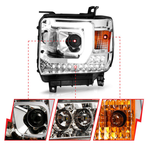 ANZO 14-15 GMC Sierra 1500/2500HD/3500HD Plank Style Projector Headlight - Chrome Housing - 111553