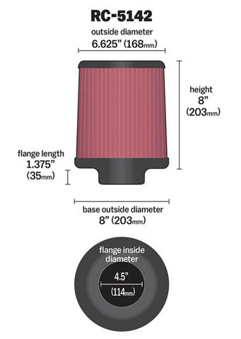 K&N Universal Clamp-On Air Filter inch FLG 4.5inch Base 4 inch Top 4-1/2in FLG 8in Base - RC-5142