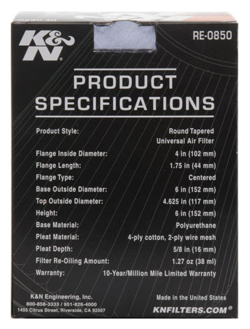 K&N Universal Air Filter (4in. Flange / 6in. Base OD / 4-5/8in. Top OD / 6in. Height) - RE-0850